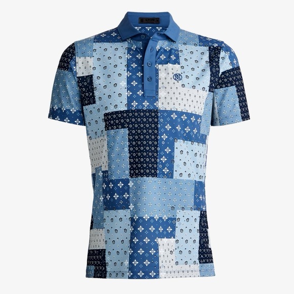 G/FORE Boro Patch Tech Piqué Golf Polo Shirt Small blue patchwork floral preppy